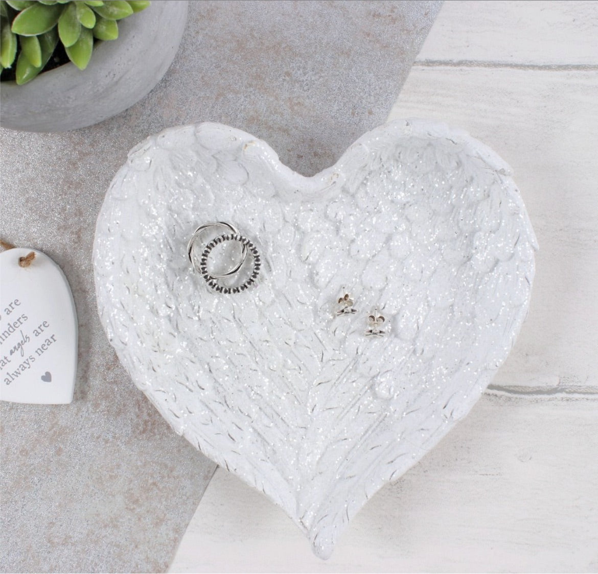 Glitter Heart Shaped Angel Wing Trinket Dish