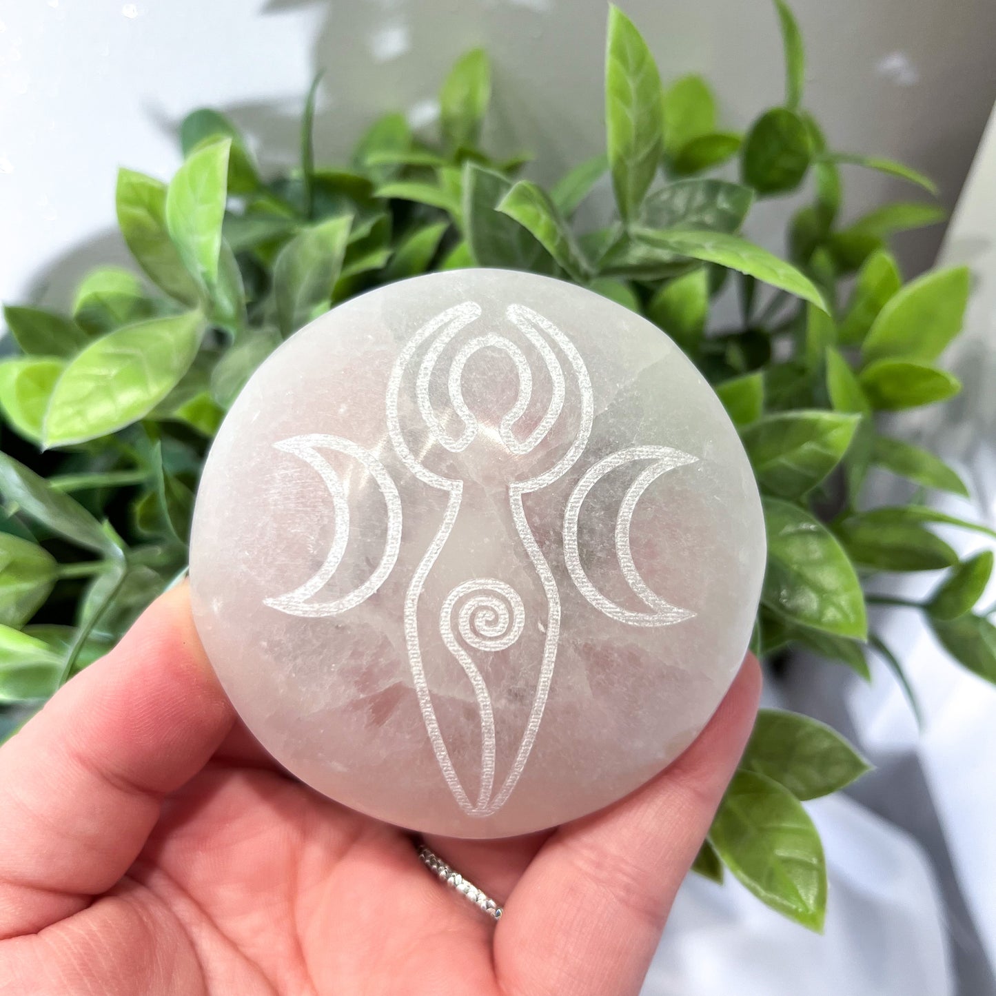 Selenite Palmstone | Triple Moon Goddess