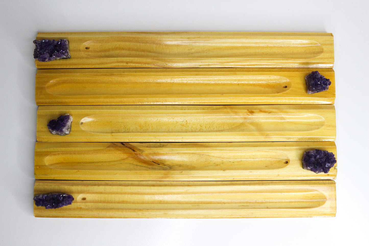 Handmade Wooden Incense Holders with Baby Brazilian Amethyst Clusters