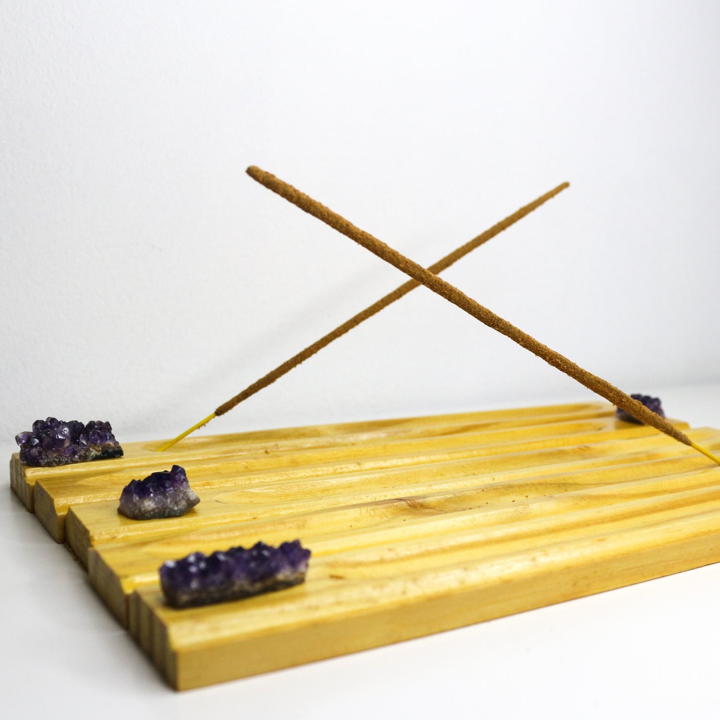 Handmade Wooden Incense Holders with Baby Brazilian Amethyst Clusters