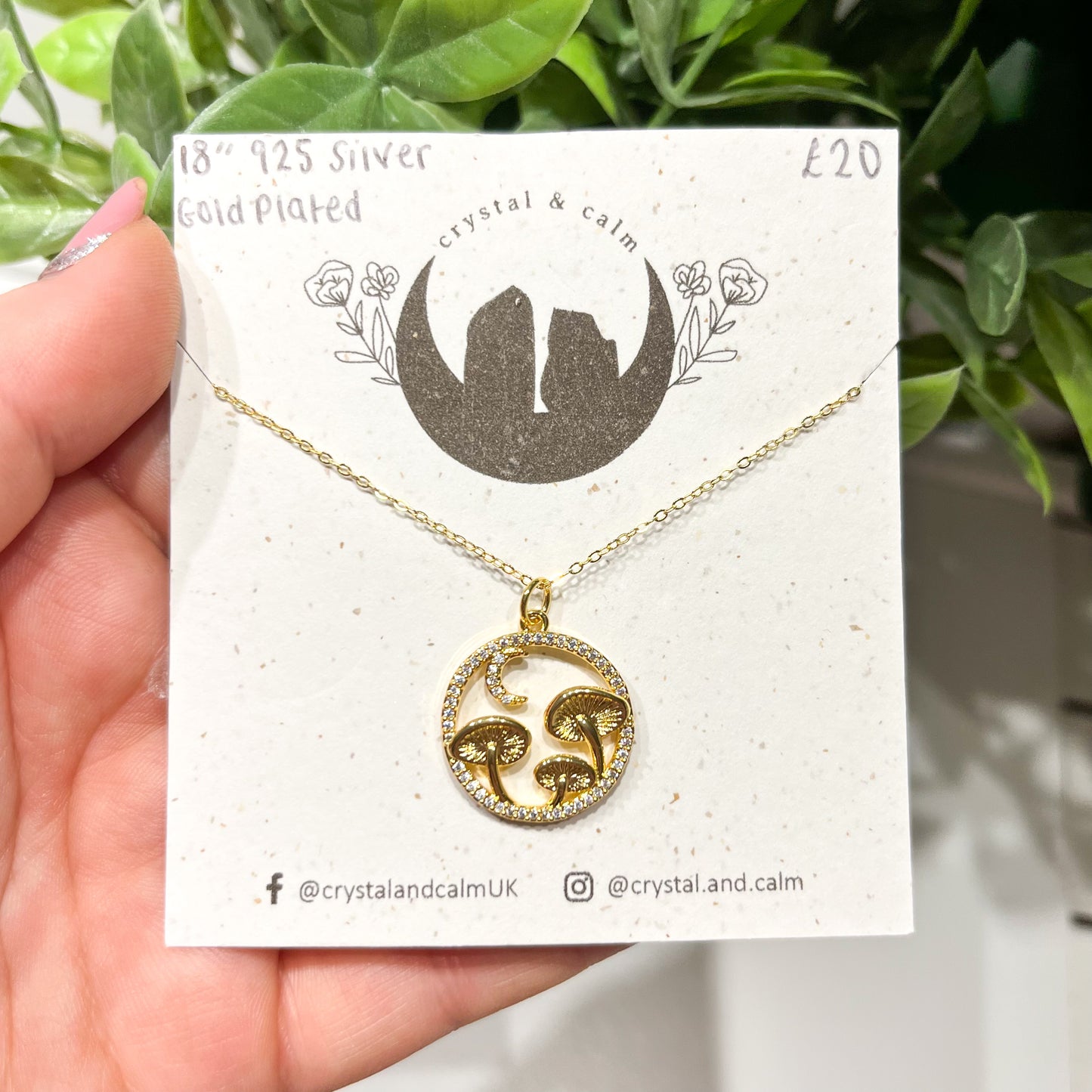 Sterling Silver Gold Plated Mushrooms + Moon Necklace